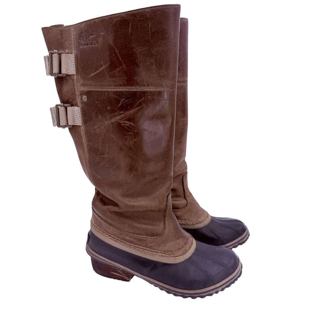 Sorel Women's Brown Leather Slimpack Li Tall Riding Boots Size 7